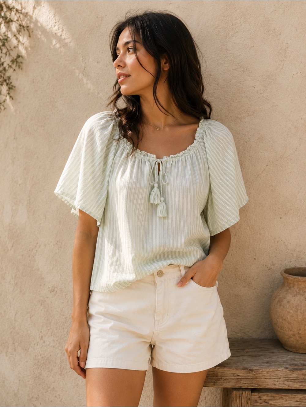 Old Navy Light Sage Stripe Peasant Blouse | Cottagecore Boho Top | Size L